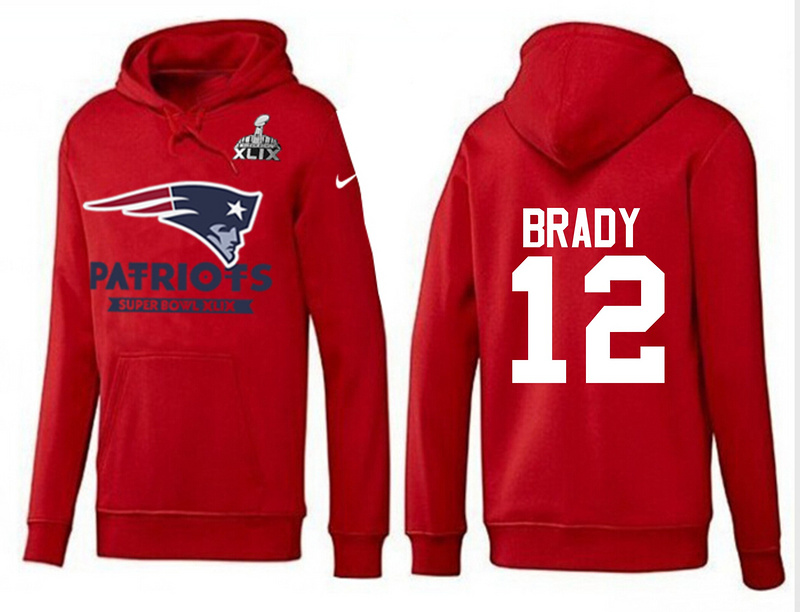 Nike Patriots 12 Brady Red 2015 Super Bowl XLIX Pullover Hoodies