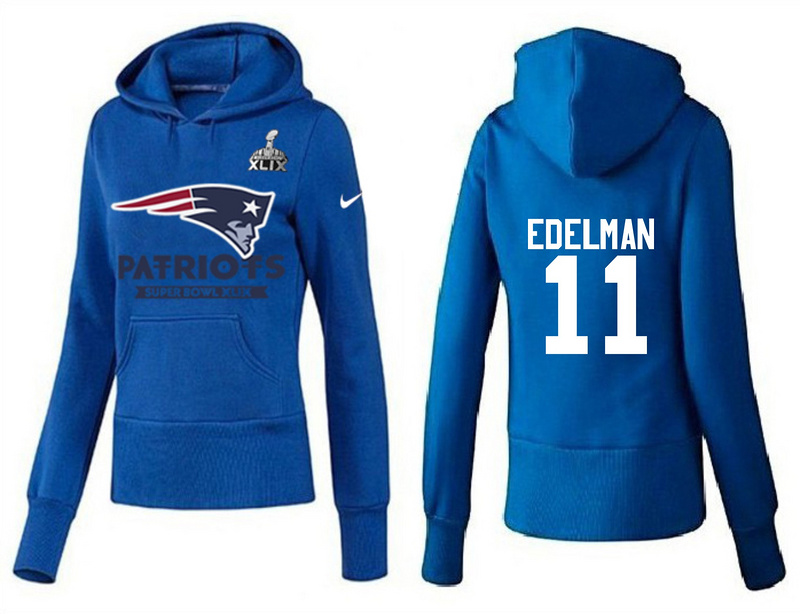 Nike Patriots 11 Edelman Blue 2015 Super Bowl XLIX Women Pullover Hoodies