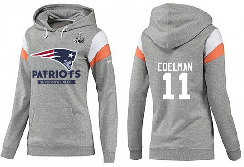 Nike Patriots 11 Edelman Grey 2015 Super Bowl XLIX Women Pullover Hoodies