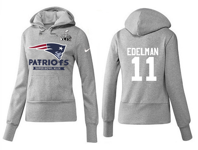 Nike Patriots 11 Edelman Grey 2015 Super Bowl XLIX Women Pullover Hoodies02 - Click Image to Close