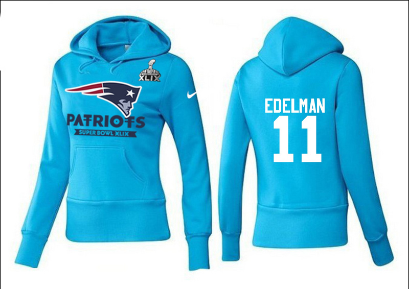 Nike Patriots 11 Edelman L.Blue 2015 Super Bowl XLIX Women Pullover Hoodies