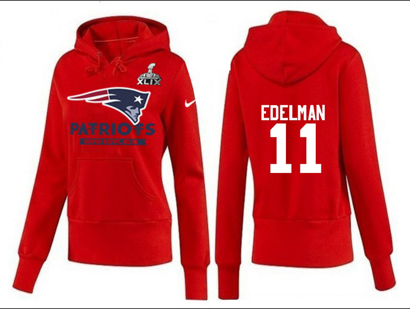 Nike Patriots 11 Edelman Red 2015 Super Bowl XLIX Women Pullover Hoodies