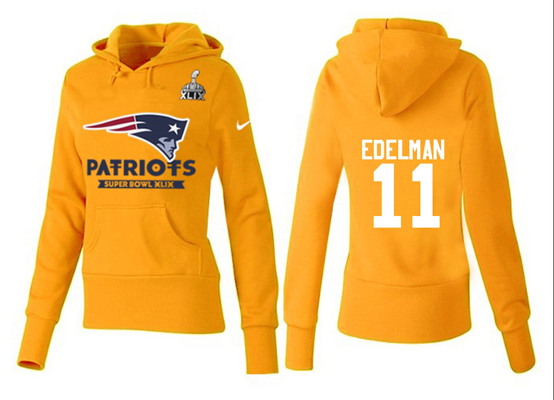 Nike Patriots 11 Edelman Yellow 2015 Super Bowl XLIX Women Pullover Hoodies