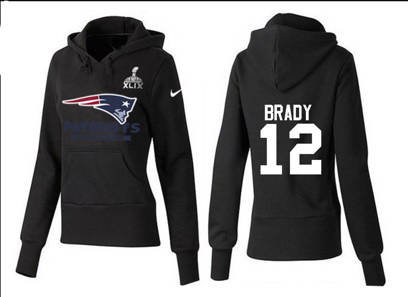 Nike Patriots 12 Brady Black 2015 Super Bowl XLIX Women Pullover Hoodies