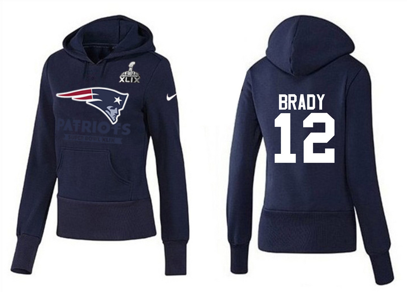 Nike Patriots 12 Brady D.Blue 2015 Super Bowl XLIX Women Pullover Hoodies