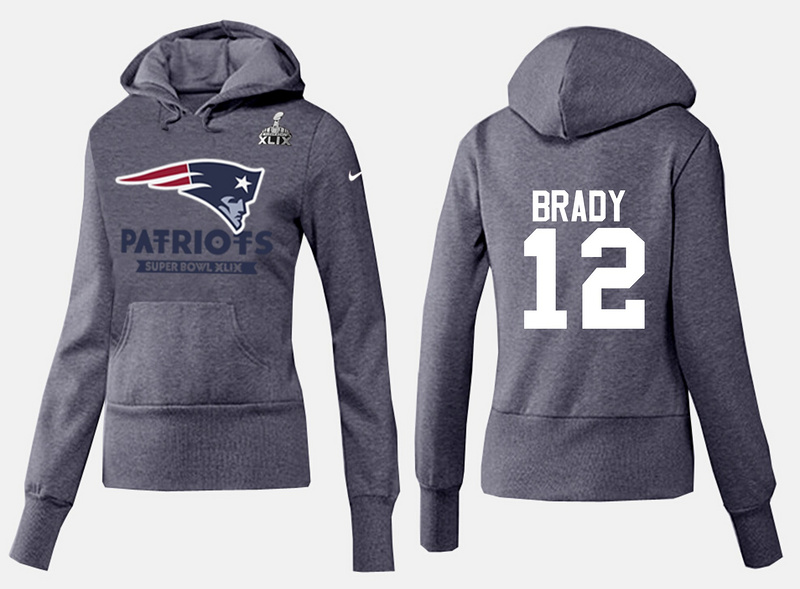 Nike Patriots 12 Brady D.Grey 2015 Super Bowl XLIX Women Pullover Hoodies