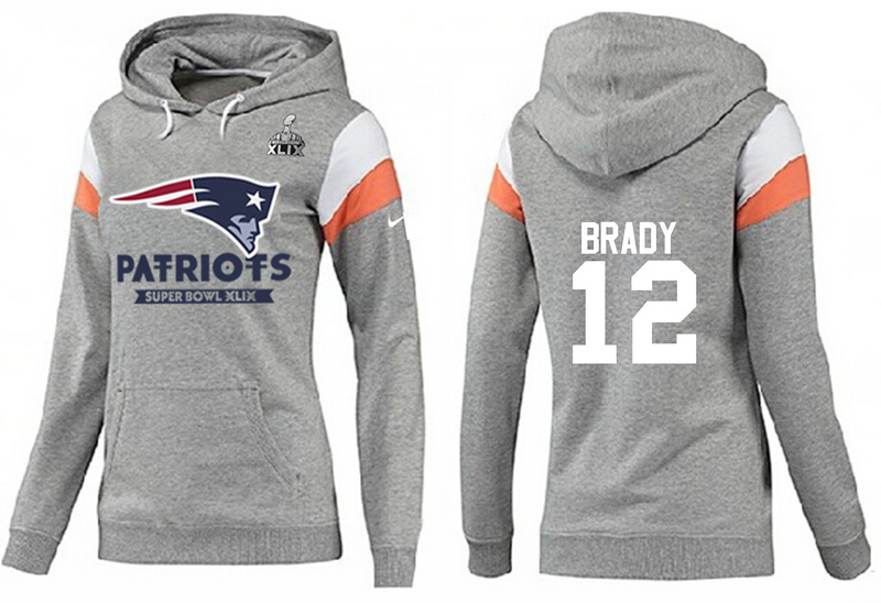 Nike Patriots 12 Brady Grey 2015 Super Bowl XLIX Women Pullover Hoodies