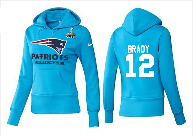 Nike Patriots 12 Brady L.Blue 2015 Super Bowl XLIX Women Pullover Hoodies