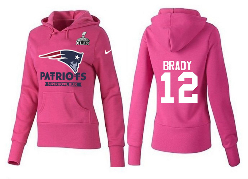 Nike Patriots 12 Brady Pink 2015 Super Bowl XLIX Women Pullover Hoodies