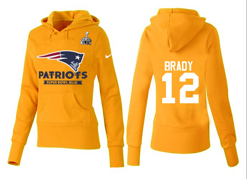 Nike Patriots 12 Brady Yellow 2015 Super Bowl XLIX Women Pullover Hoodies