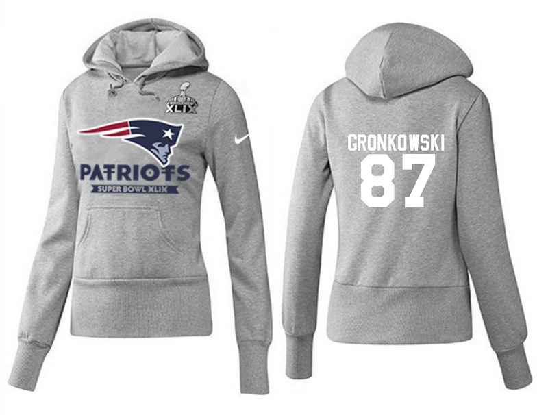 Nike Patriots 87 Gronkowski Grey 2015 Super Bowl XLIX Women Pullover Hoodies02