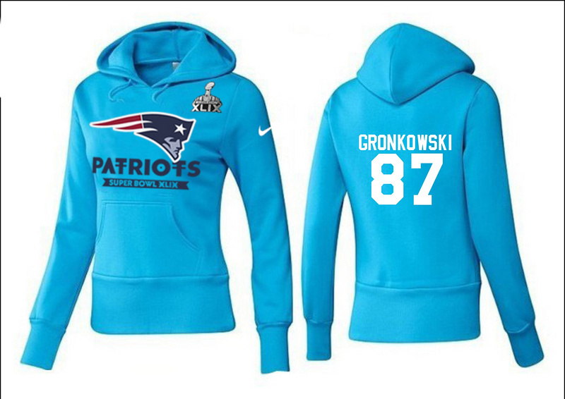 Nike Patriots 87 Gronkowski L.Blue 2015 Super Bowl XLIX Women Pullover Hoodies