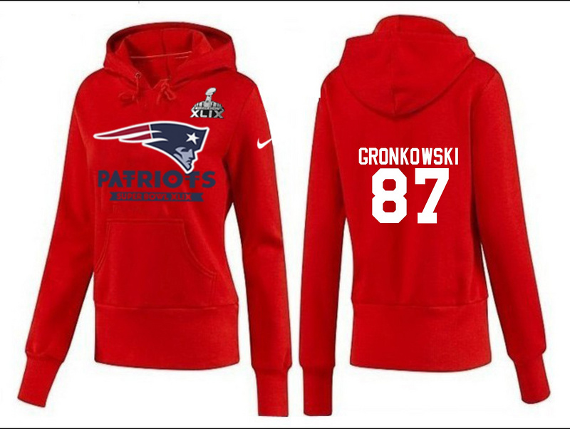 Nike Patriots 87 Gronkowski Red 2015 Super Bowl XLIX Women Pullover Hoodies