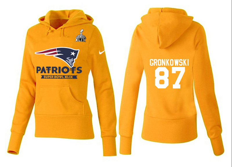 Nike Patriots 87 Gronkowski Yellow 2015 Super Bowl XLIX Women Pullover Hoodies