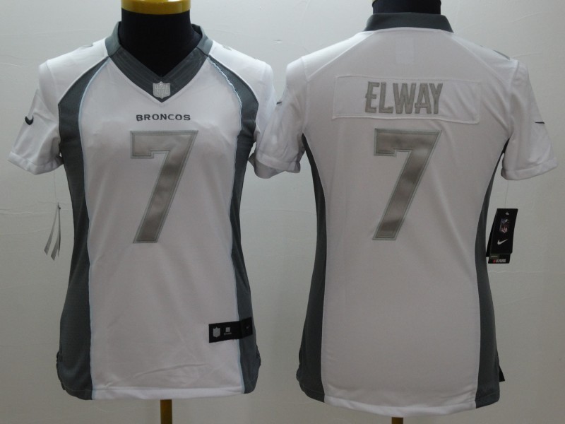 Nike Broncos 7 Elway White Platinum Women Limited Jerseys - Click Image to Close