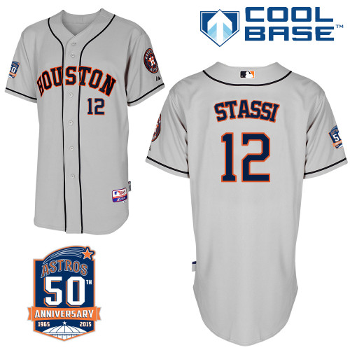 Astros 12 Stassi Grey 50th Anniversary Patch Cool Base Jerseys