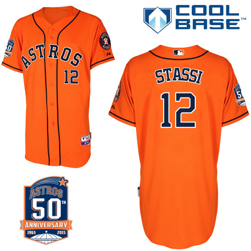 Astros 12 Stassi Orange 50th Anniversary Patch Cool Base Jerseys