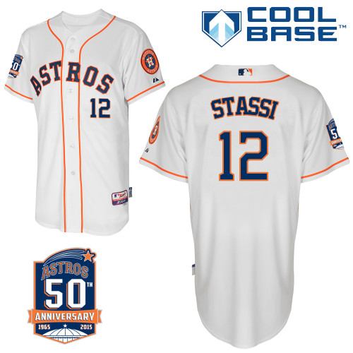 Astros 12 Stassi White 50th Anniversary Patch Cool Base Jerseys