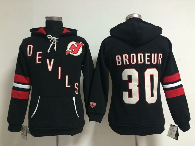 Devils 30 Brodeur Navy Blue Women All Stitched Hooded Sweatshirt - Click Image to Close
