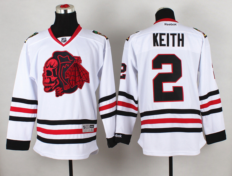 Blackhawks 2 Keith White Reebok Jersey(With Red Skull) - Click Image to Close