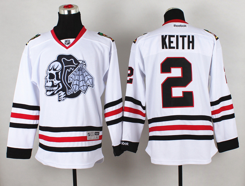 Blackhawks 2 Keith White Reebok Jersey(With White Skull) - Click Image to Close