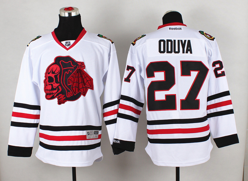 Blackhawks 27 Oduya White Reebok Jersey(With Red Skull) - Click Image to Close