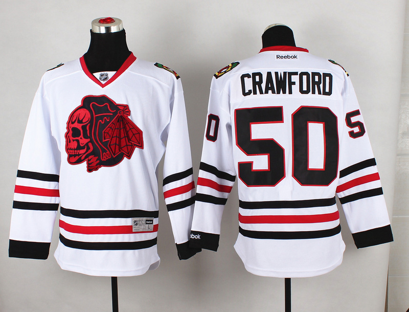 Blackhawks 50 Crawford White Reebok Jersey(With Red Skull) - Click Image to Close