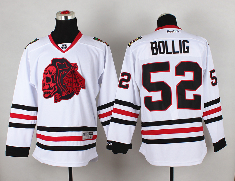 Blackhawks 52 Bollig White Reebok Jersey(With Red Skull) - Click Image to Close