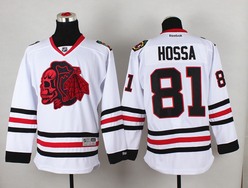 Blackhawks 81 Hossa White Reebok Jersey(With Red Skull) - Click Image to Close