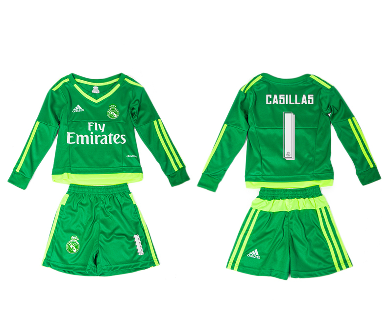 2015-16 Real Madrid 1 CASILLAS Green Goalkeeper Long Sleeve Youth Jersey 2015-16 Real Madrid 1 CASILLAS Green Goalkeeper Long Sleeve Youth Jersey