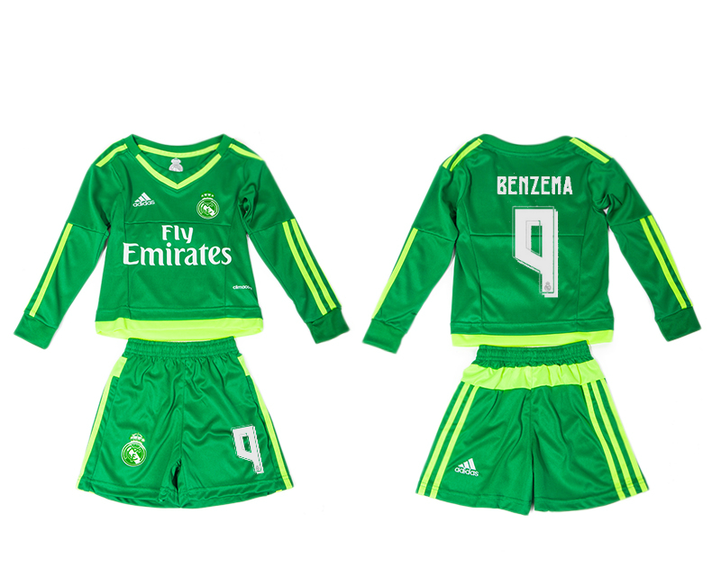 2015-16 Real Madrid 9 BENZEMA Green Goalkeeper Long Sleeve Youth Jersey