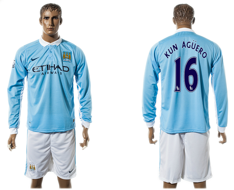 2015-16 Manchester City 16 KUN AGUERO Home Long Sleeve Jersey