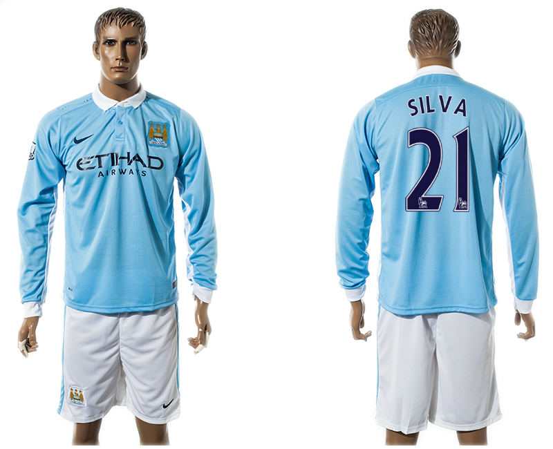 2015-16 Manchester City 21 SILVA Home Long Sleeve Jersey