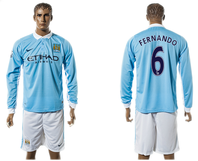 2015-16 Manchester City 6 FERNANDO Home Long Sleeve Jersey