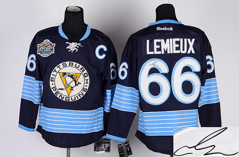 Penguins 66 Lemieux Blue Winter Classic Signature Edition Jerseys