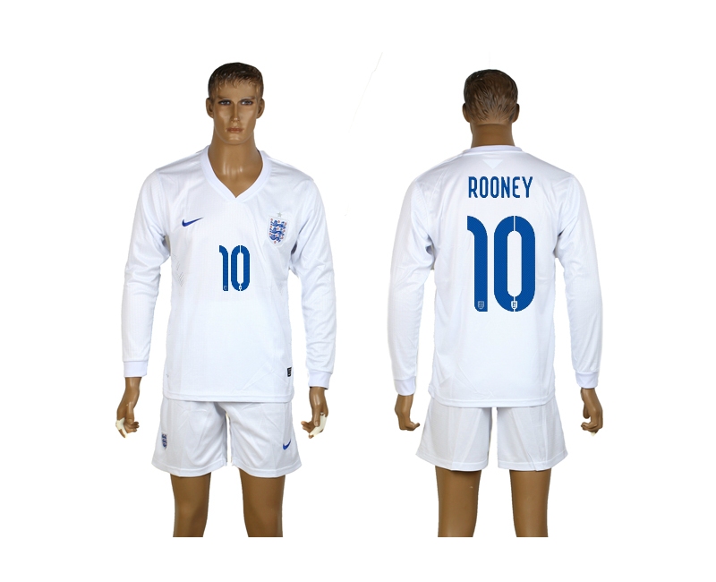 England 10 Rooney 2014 World Cup Home Long Sleeve Jerseys