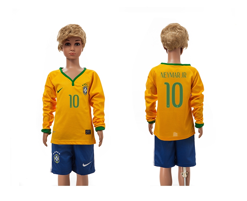 Brazil 10 Neymar Jr 2014 World Cup Home Long Sleeve Youth Jerseys