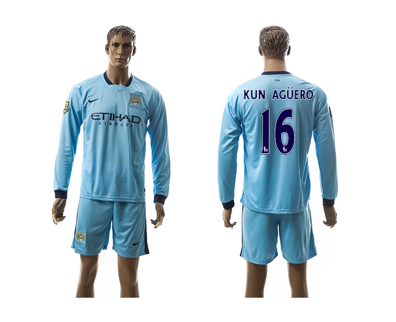 2014-15 Manchester City 16 Kun Aguero Home Long Sleeve Jerseys