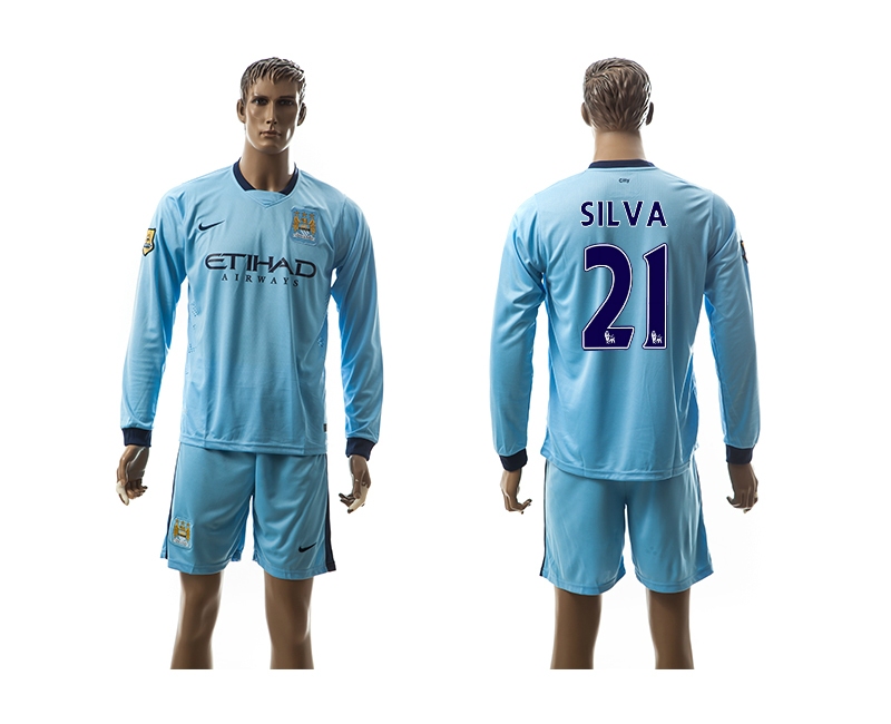 2014-15 Manchester City 21 Silva Home Long Sleeve Jerseys