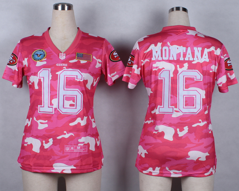 Nike 49ers 16 Montana Pink Camo With USA Flag Patch Women Jerseys