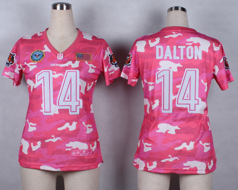 Nike Bengals 14 Dalton Pink Camo With USA Flag Patch Women Jerseys