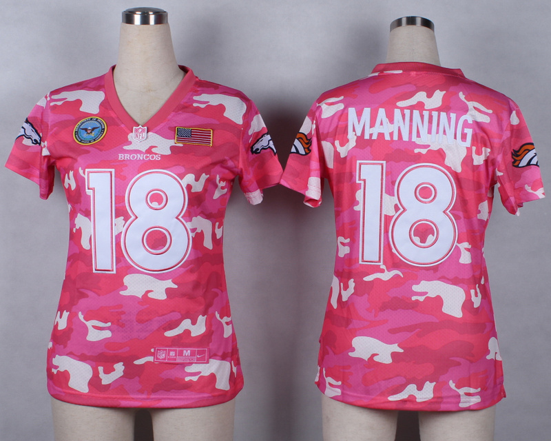 Nike Broncos 18 Manning Pink Camo With USA Flag Patch Women Jerseys