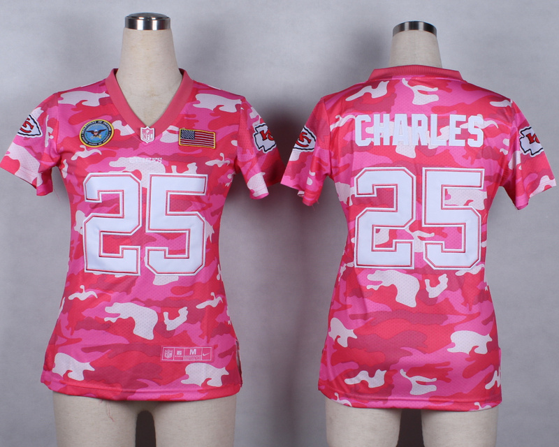 Nike Chiefs 25 Charles Pink Camo With USA Flag Patch Women Jerseys