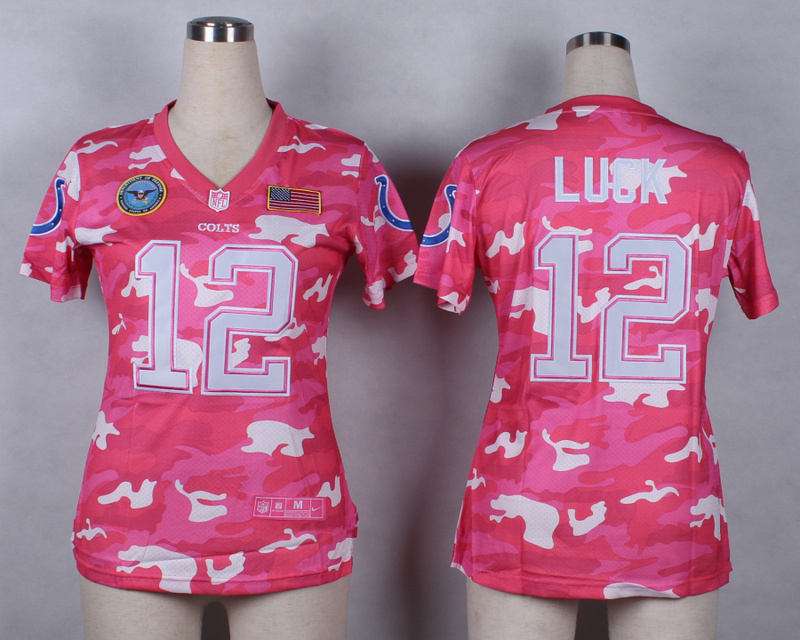 Nike Colts 12 Luck Pink Camo With USA Flag Patch Women Jerseys