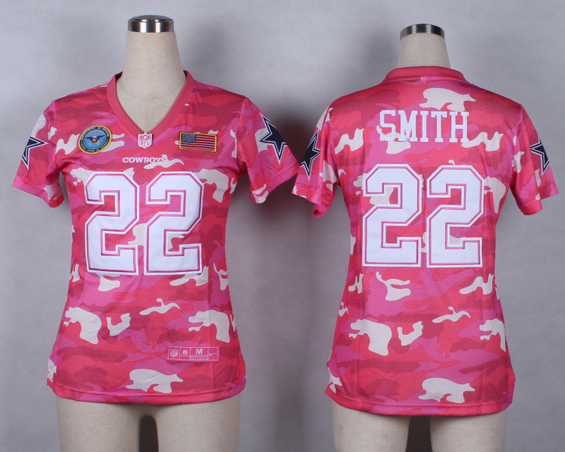 Nike Cowboys 22 Smith Pink Camo With USA Flag Patch Women Jerseys
