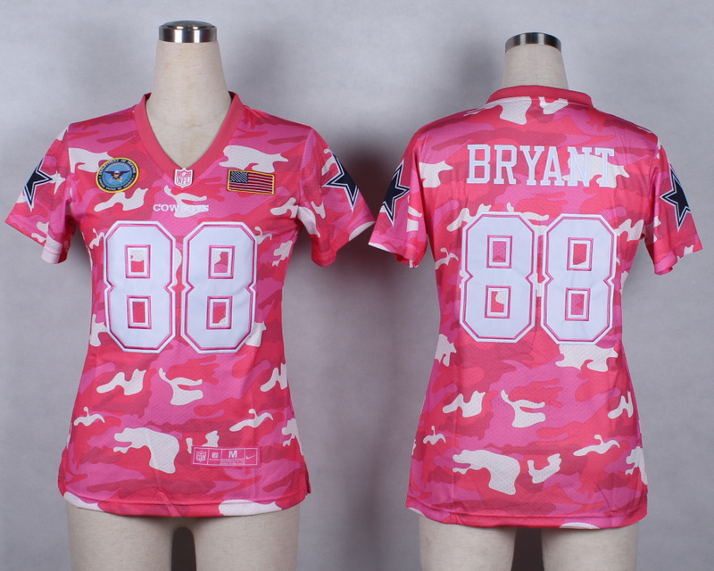 Nike Cowboys 88 Bryant Pink Camo With USA Flag Patch Women Jerseys