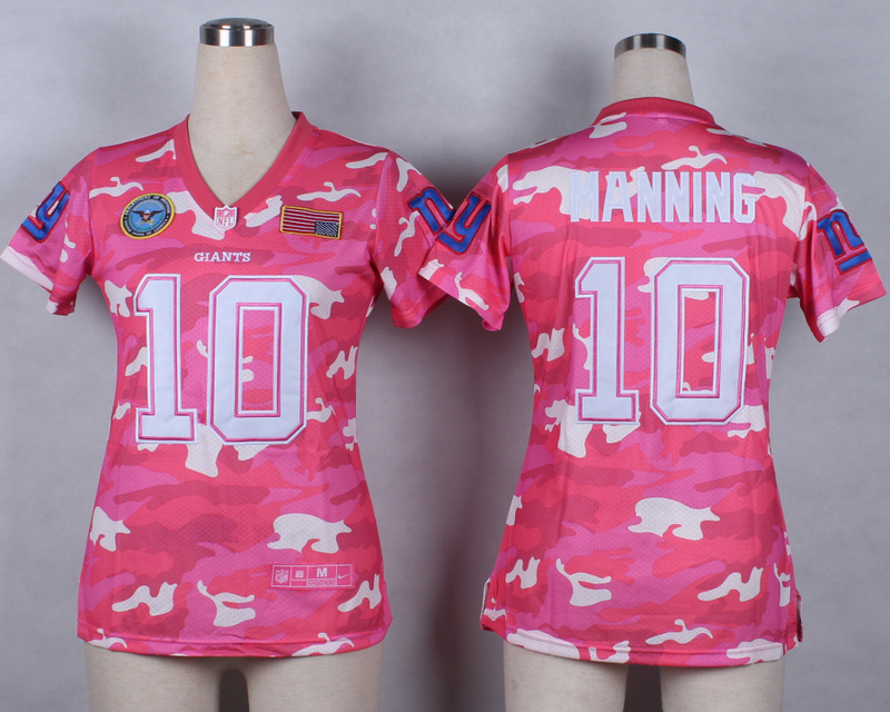 Nike Giants 10 Manning Pink Camo With USA Flag Patch Women Jerseys