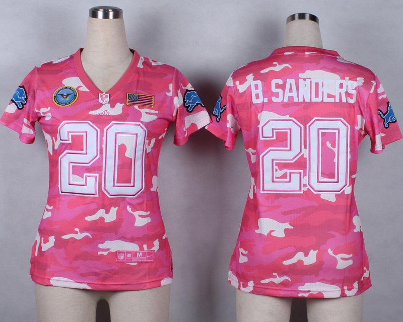Nike Lions 20 B.Sanders Pink Camo With USA Flag Patch Women Jerseys