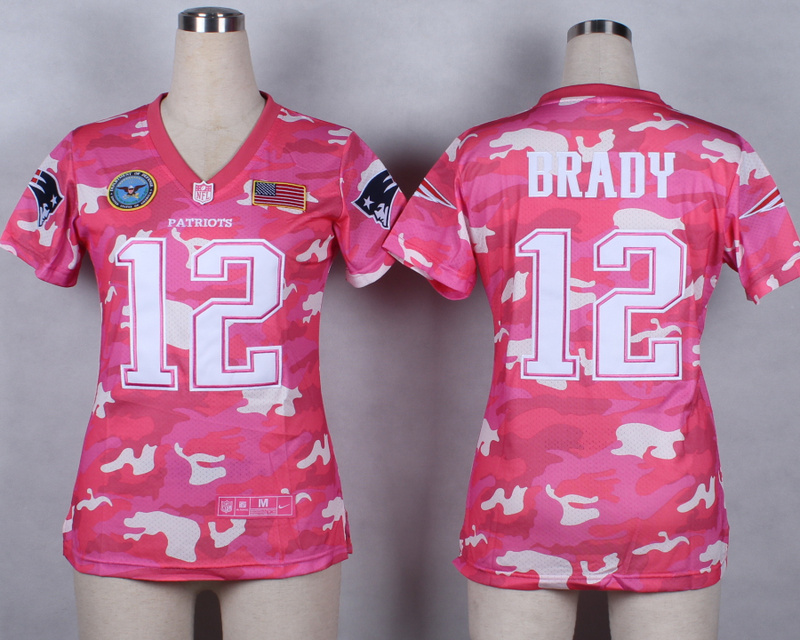 Nike Patriots 12 Brady Pink Camo With USA Flag Patch Women Jerseys