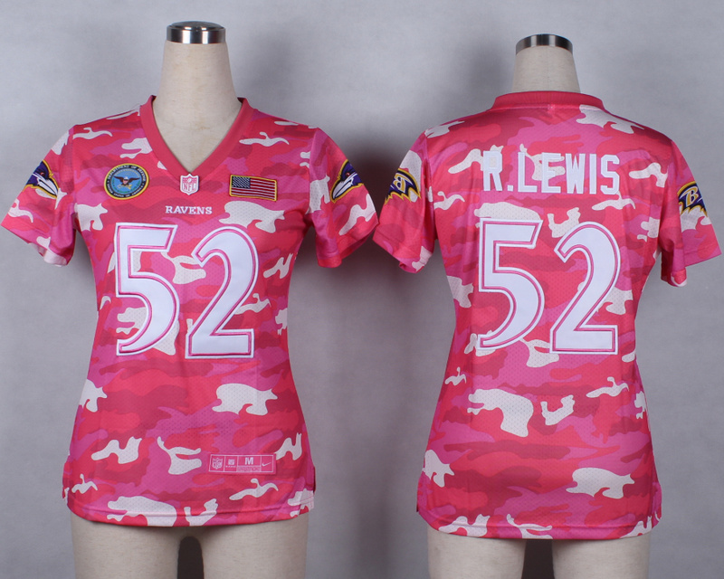 Nike Ravens 52 R.Lewis Pink Camo With USA Flag Patch Women Jerseys
